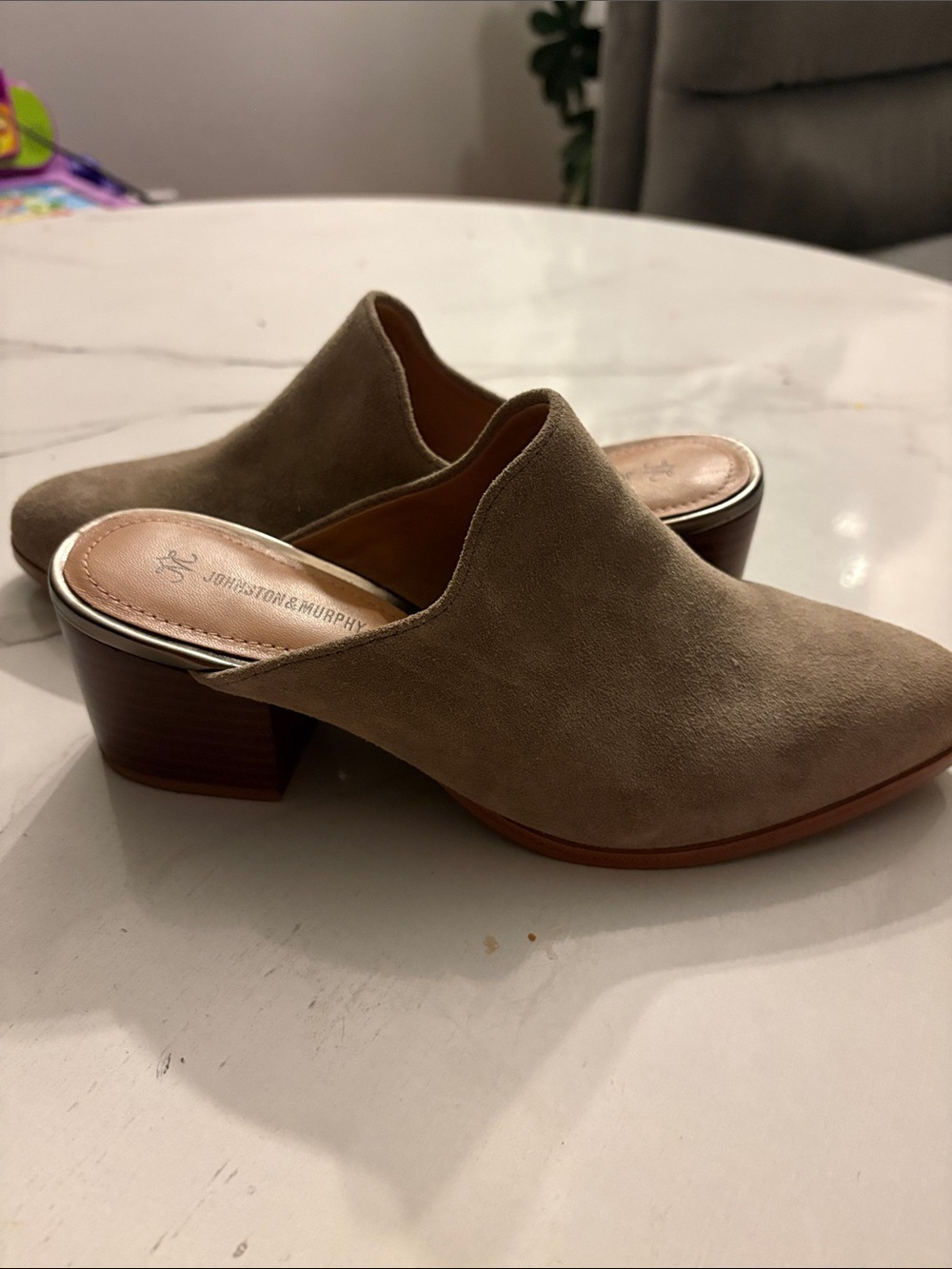 Johnston & Murphy Taupe Suede Slip-On Block Heel Mules